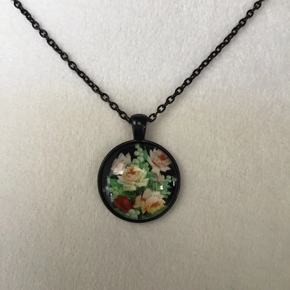 Black Floral Cabochon Pendant Necklace Romantic Cottagecore 18” Rose Slider NEW